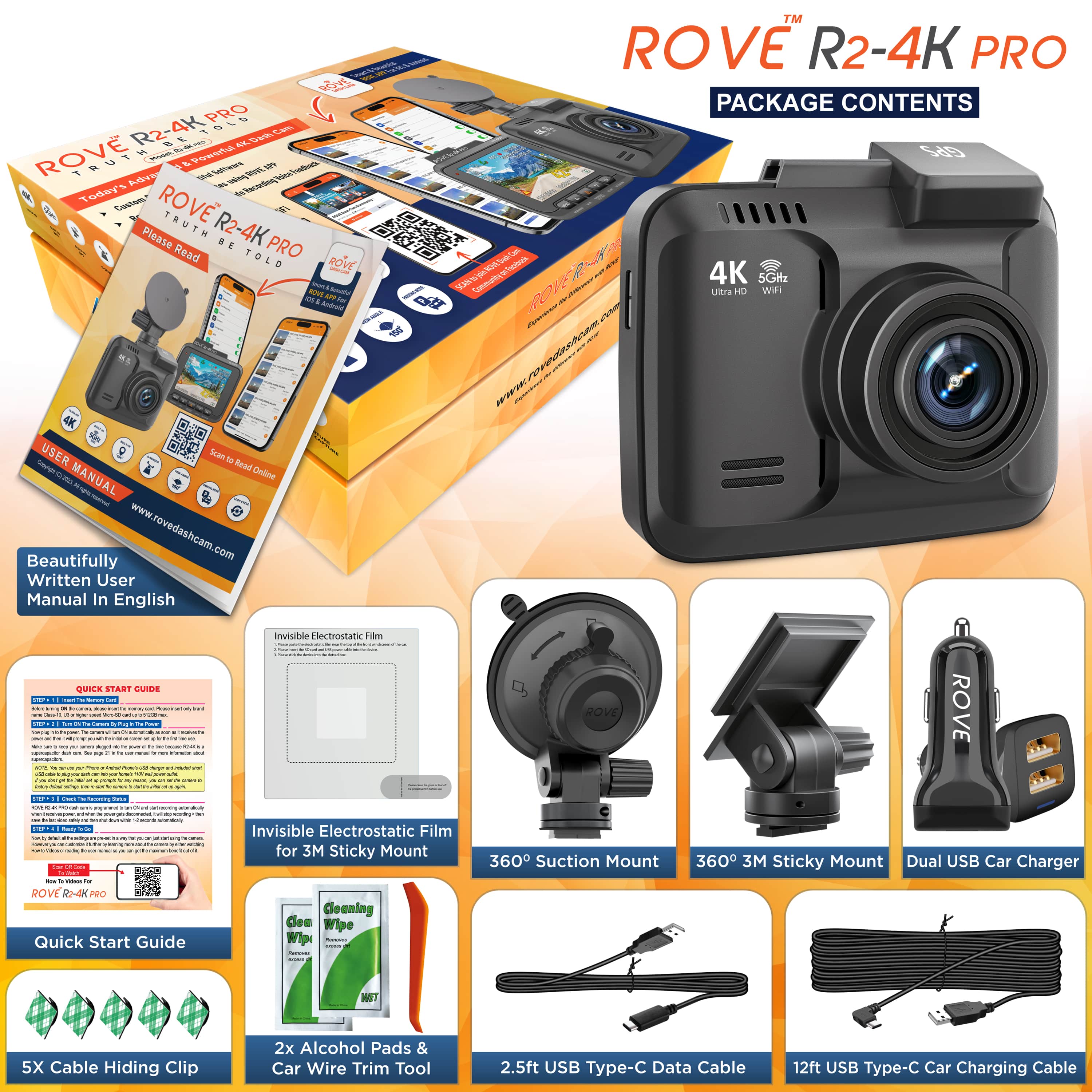 ROVE R2-4K PRO Dash Cam, Built-in GPS, 5G WiFi Dash Camera for Cars, 2160P UHD 30fps Dashcam with APP, 2.4