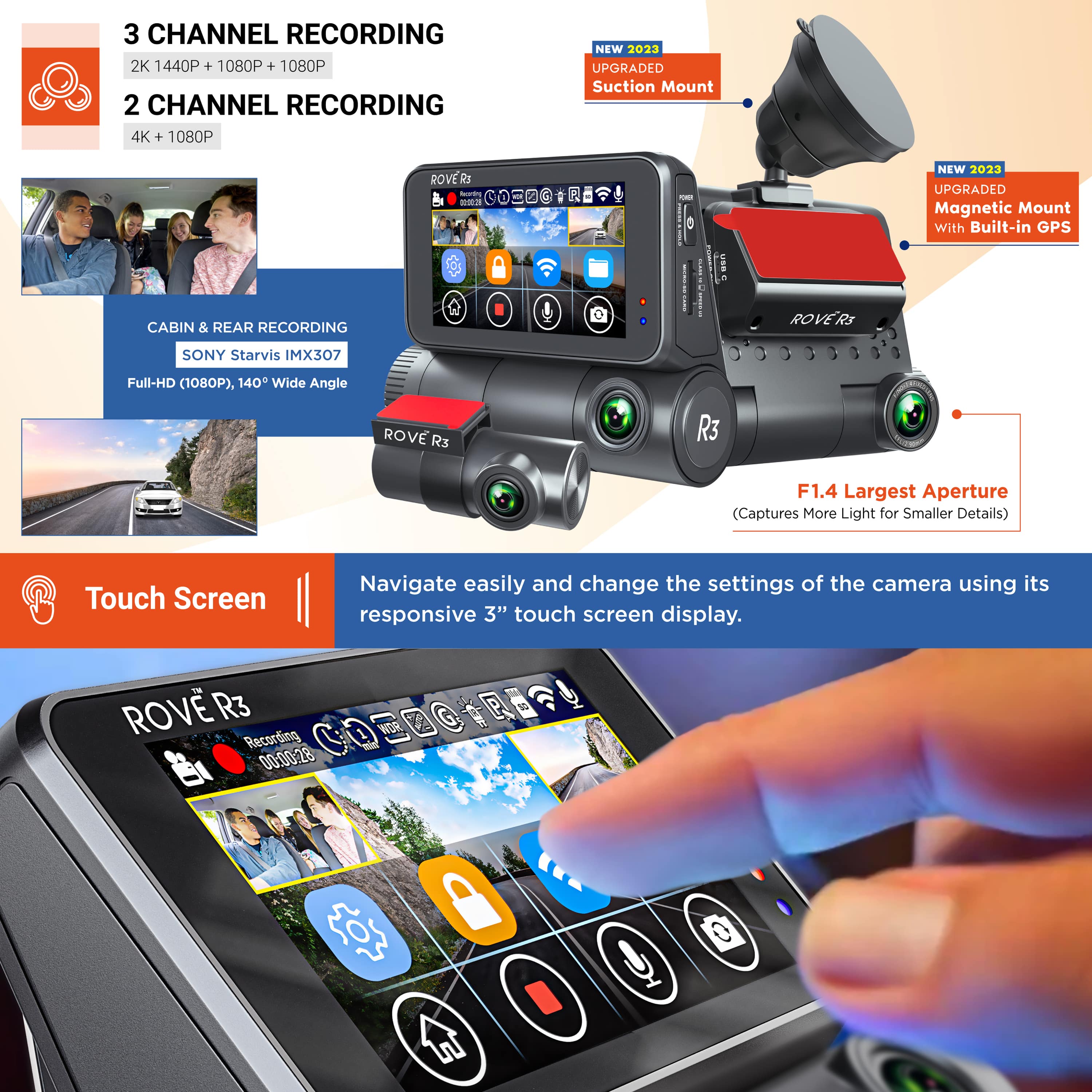 ROVE R3, 3 Channel Touch Screen Dash Cam with Built-in Dual-Band 5GHz WiFi, Built-in GPS, 24 Hr Parking Monitor, Super Capacitor, WDR, G-Sensor, Night Vision.