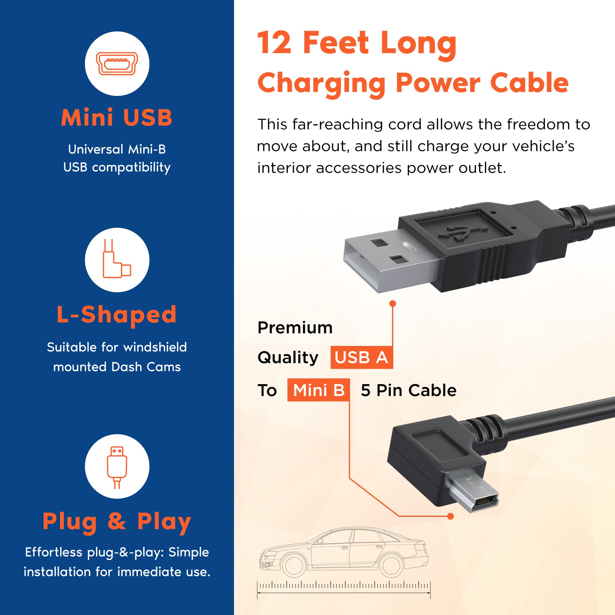 ROVE Ultimate 12ft Mini USB Car Charging Power Cable for R2-4K Dash Cam