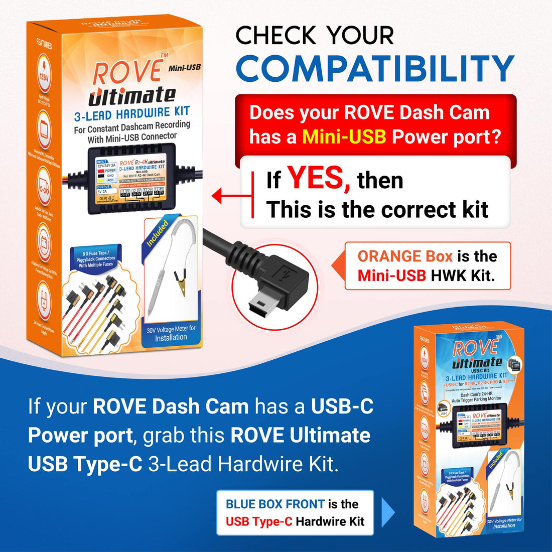 ROVE Ultimate 3-Lead Mini-USB Hardwire Kit for ROVE R2-4K Dash Cam | Check Compatibility Image Before Purchasing