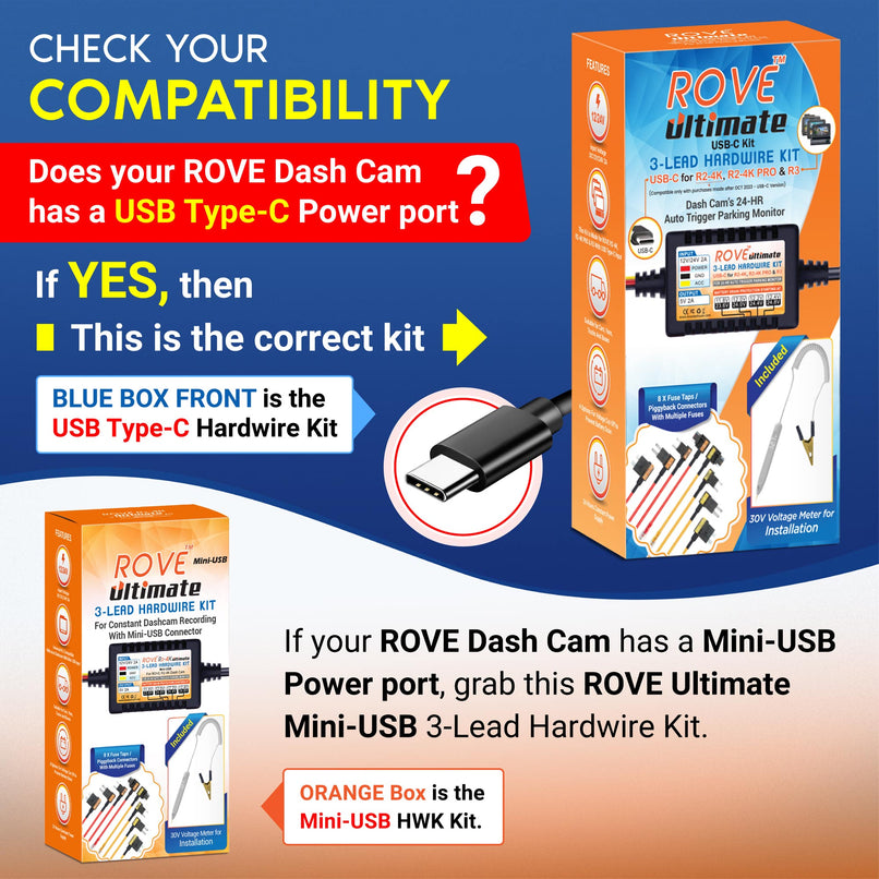 ROVE Ultimate 3-Lead USB Type-C Hardwire Kit for ROVE R3 And R2-4K Pro Dash Cam