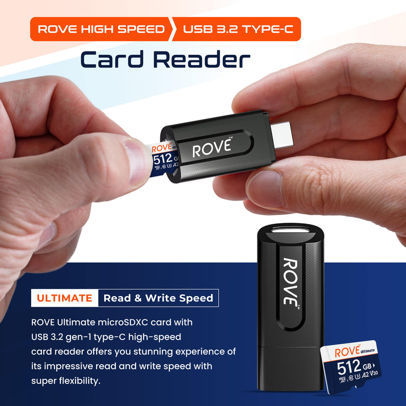 Rove Ultimate 128GB/256GB/512GB Micro SDXC Card with USB 3.2 Gen-1 Type-C card reader, Micro SD memory card for dash cam, Up to 170MB/s Read, 100MB/s Write, U3, Class10